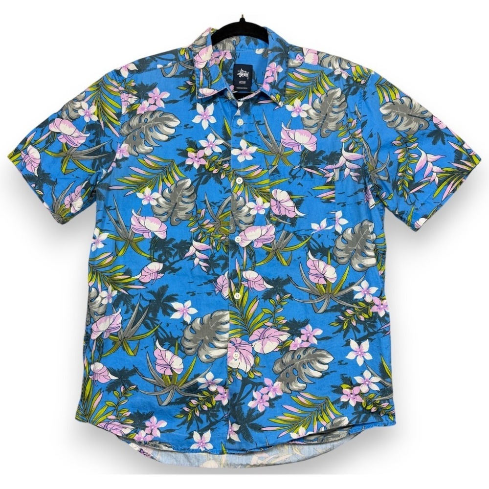 Stussy Hawaiian Shirt Mens M Blue Floral Aloha Short Sleeve Button Up Cotton